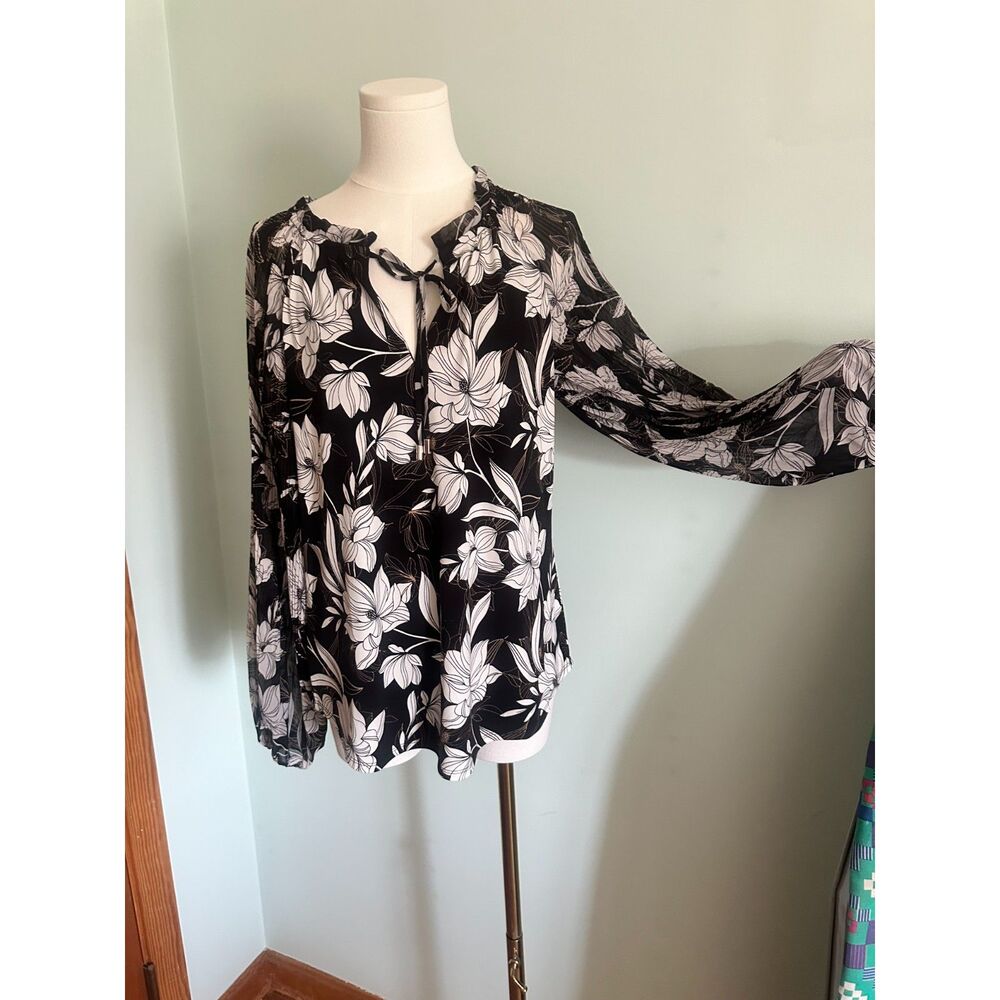 WHBM Medium Black White Floral Blouse Tie Neck Bell Sleeve Sheer